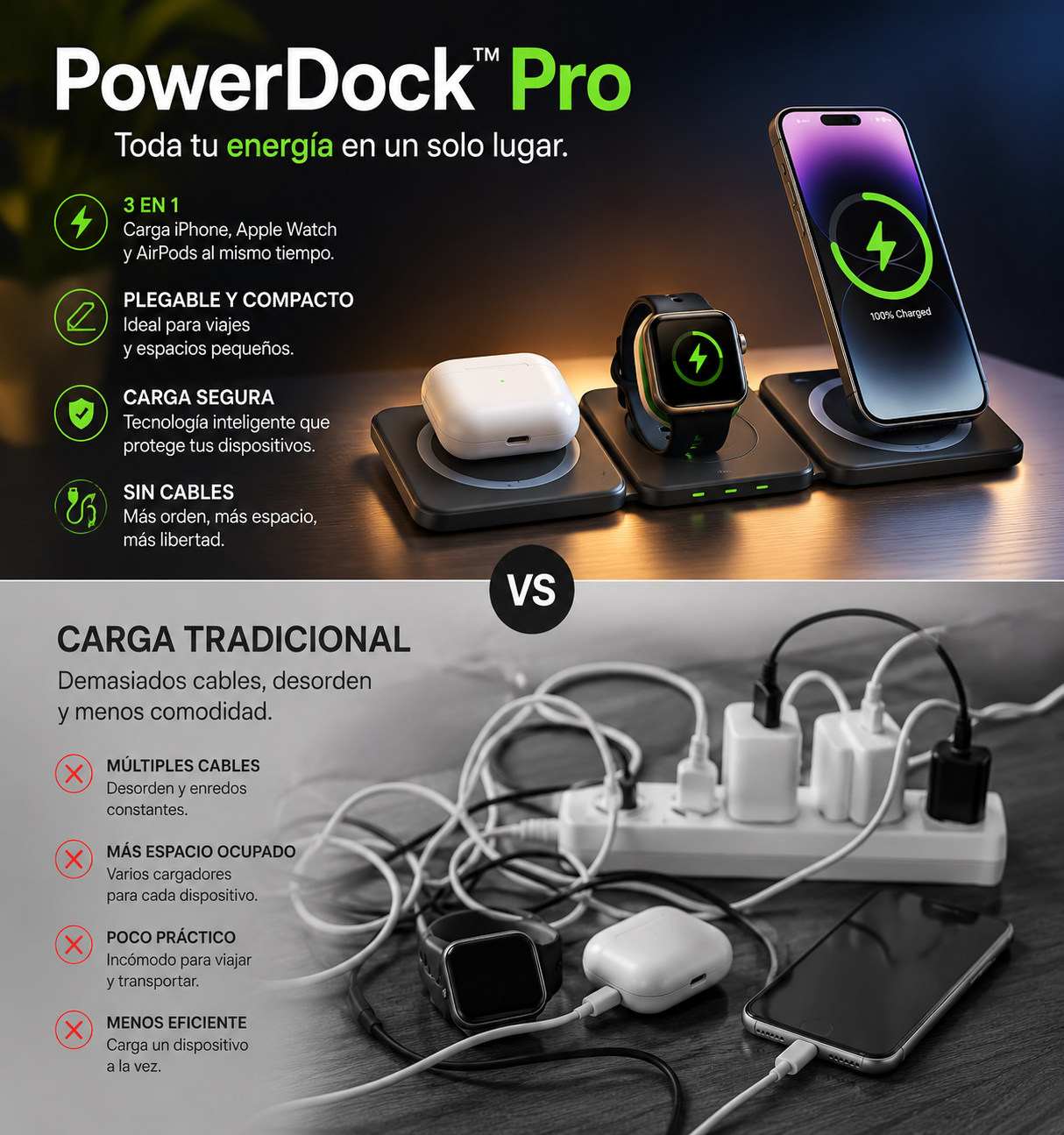 ⚡ PowerDock™ Pro | Un cargador - Tres dispositivos - Cero complicaciones.