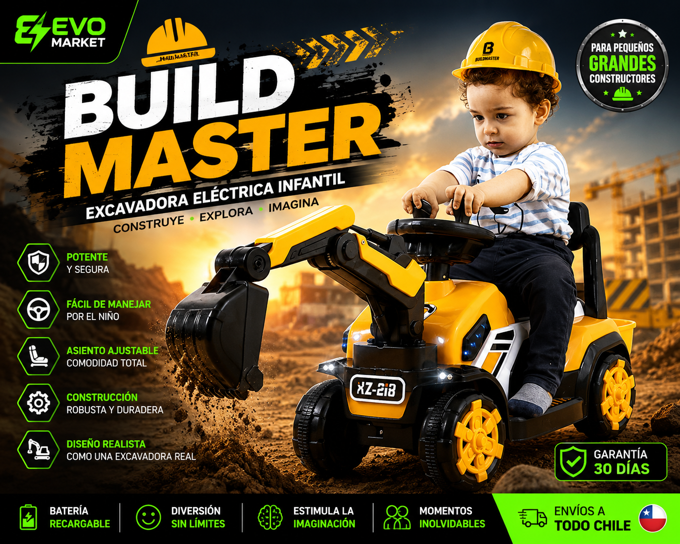 👷 BuildMaster™ | Excavadora Eléctrica Infantil