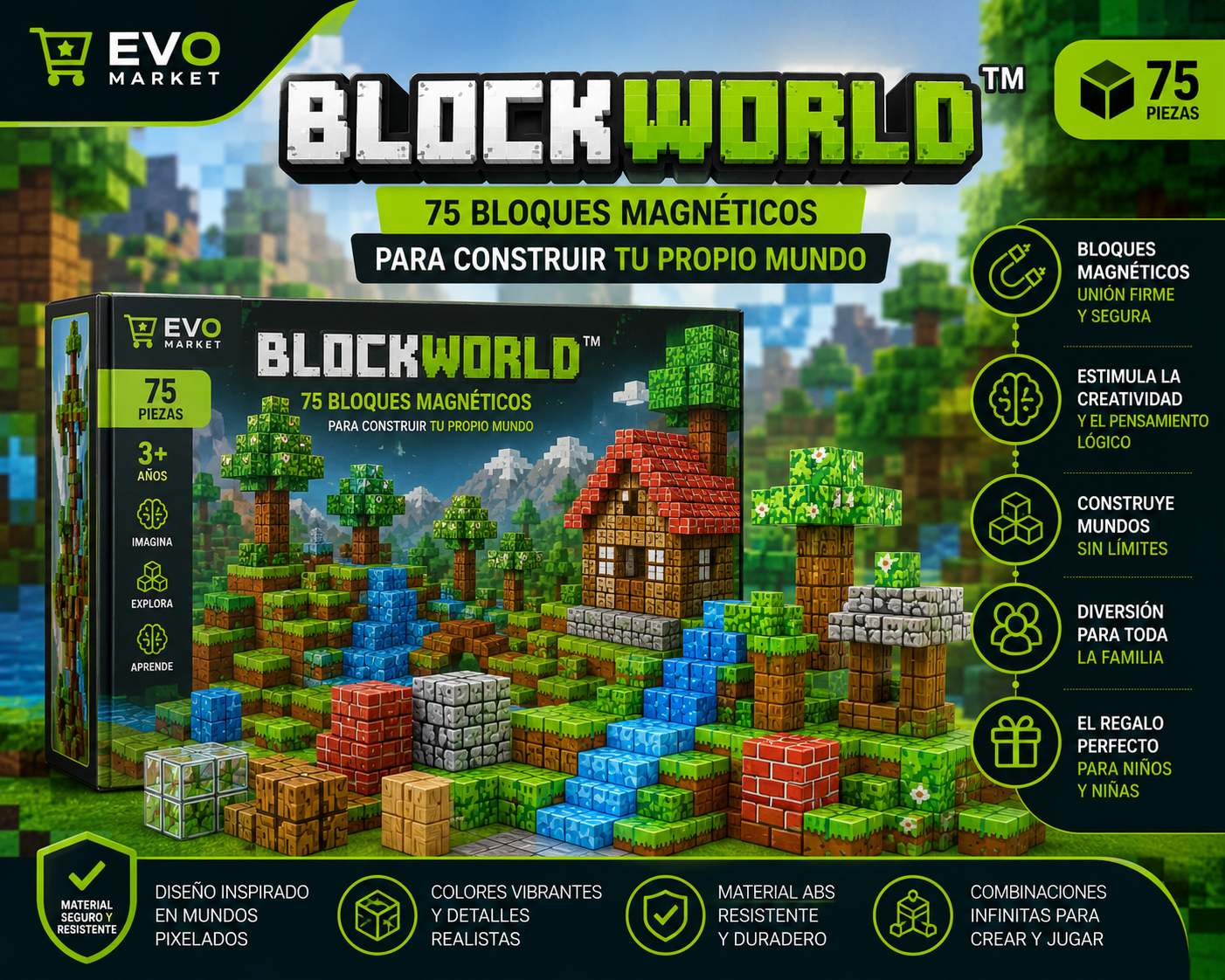BlockWorld™ | 75 Bloques Magnéticos para Construir tu Propio Mundo
