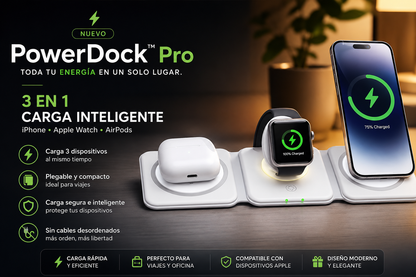 ⚡ PowerDock™ Pro | Un cargador - Tres dispositivos - Cero complicaciones.