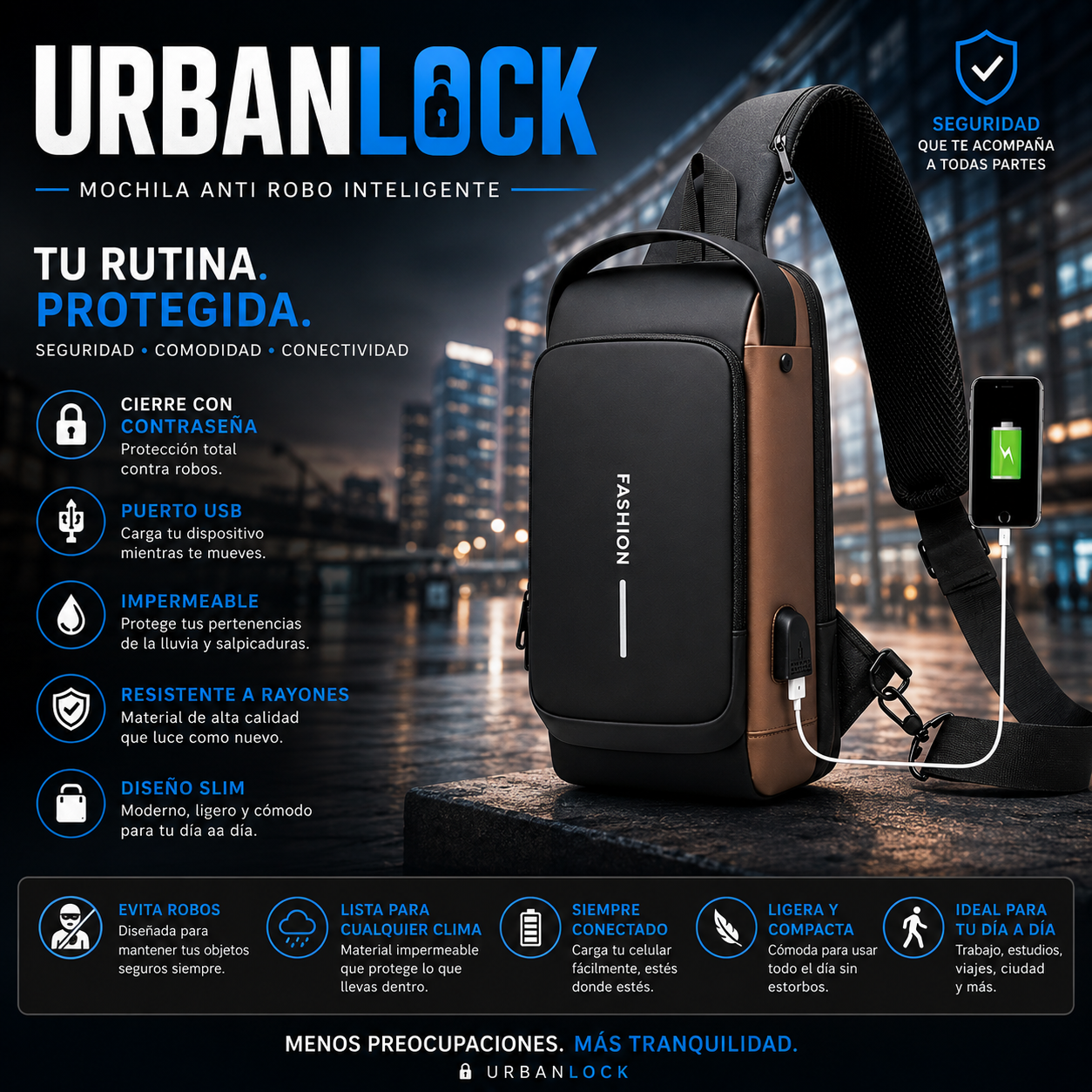 UrbanLock™ | Mochila Anti Robo Impermeable con Clave de Seguridad y Puerto USB 🔒⚡