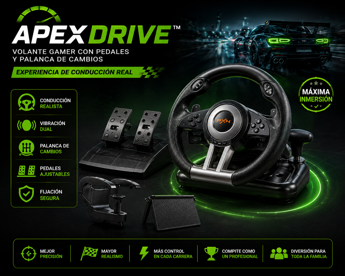 ApexDrive™ | Volante Gamer con Pedales y Palanca de Cambios para una Experiencia de Conducción Real