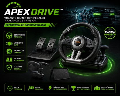 ApexDrive™ | Volante Gamer con Pedales y Palanca de Cambios para una Experiencia de Conducción Real