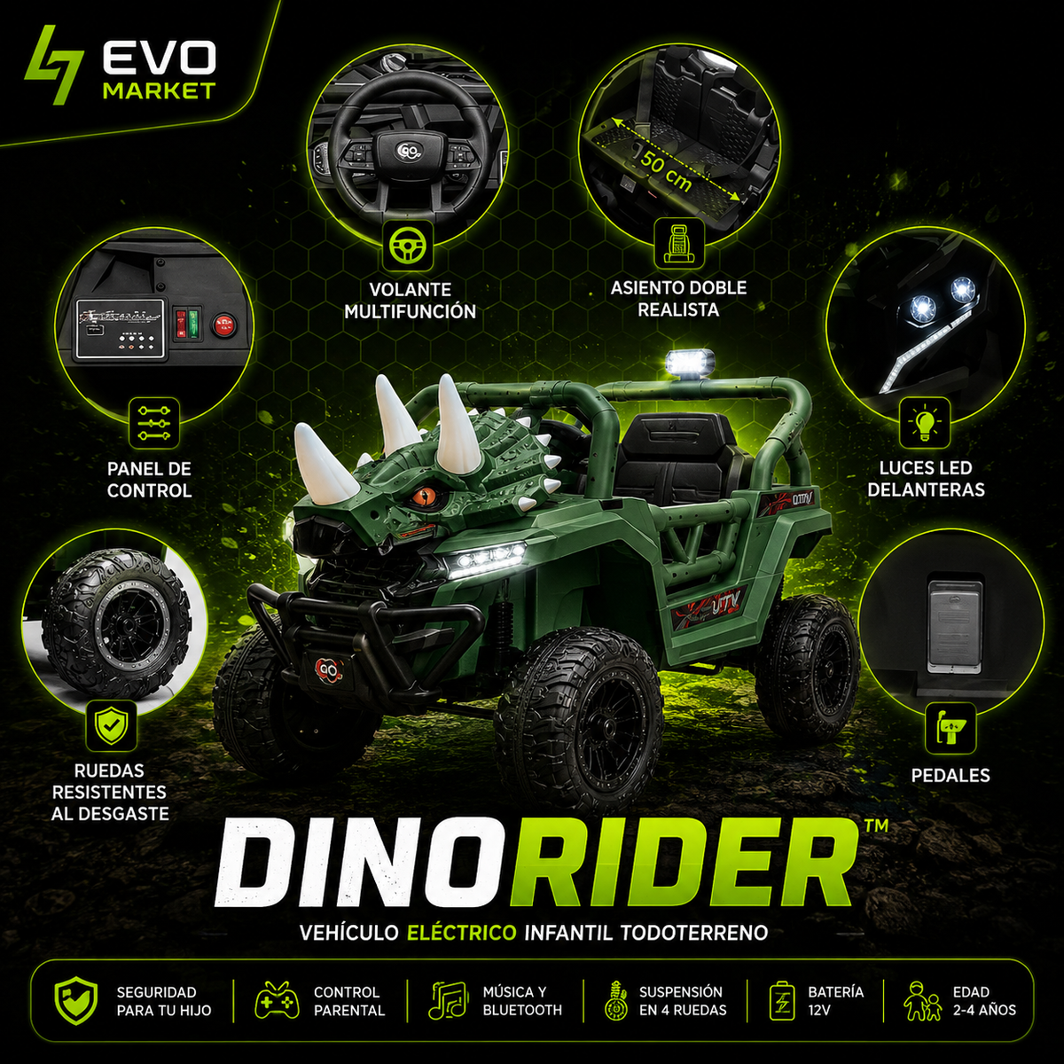 🦖 DinoRider™ | Vehículo Eléctrico Infantil Todoterreno con Control Parental