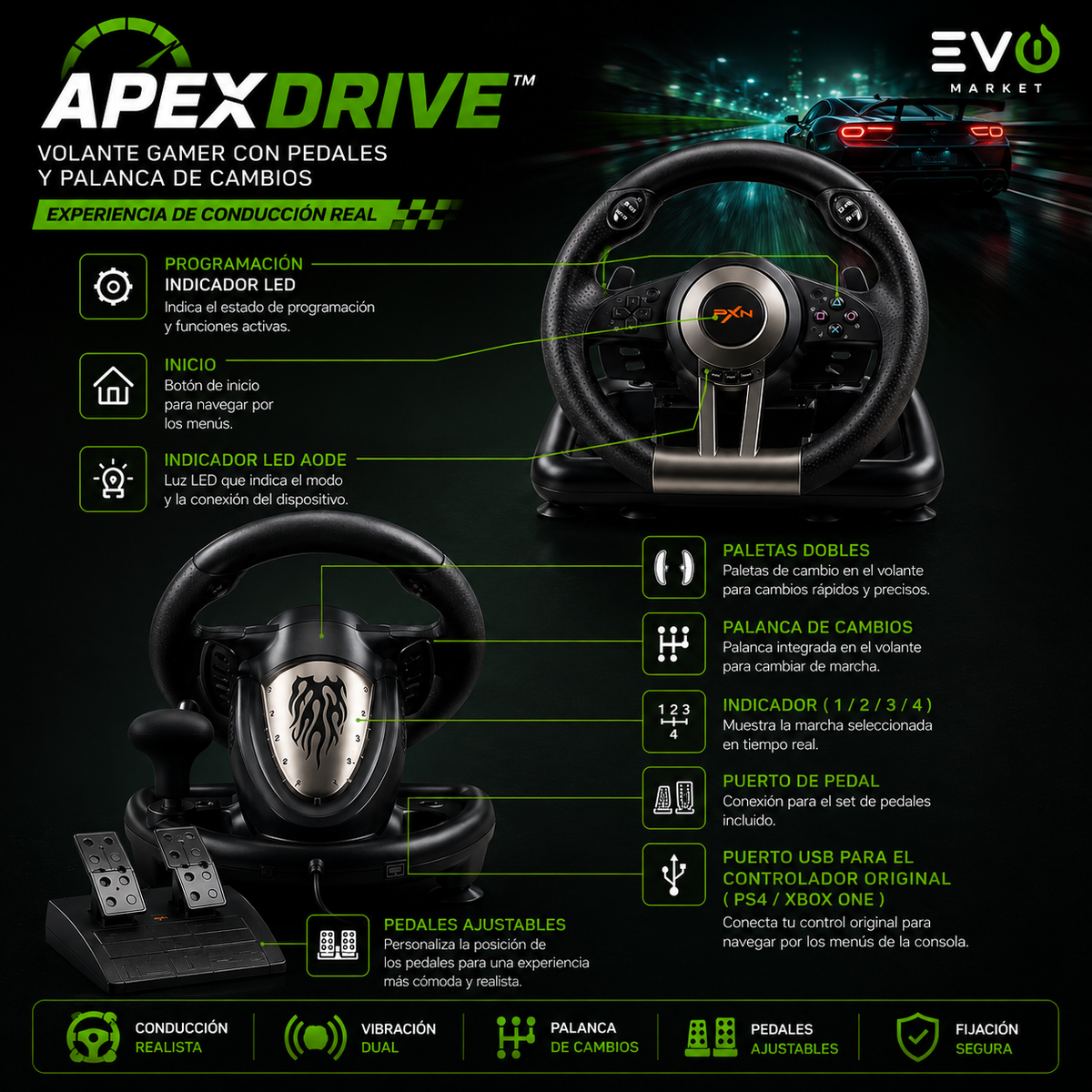 ApexDrive™ | Volante Gamer con Pedales y Palanca de Cambios para una Experiencia de Conducción Real