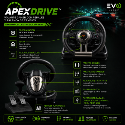 ApexDrive™ | Volante Gamer con Pedales y Palanca de Cambios para una Experiencia de Conducción Real