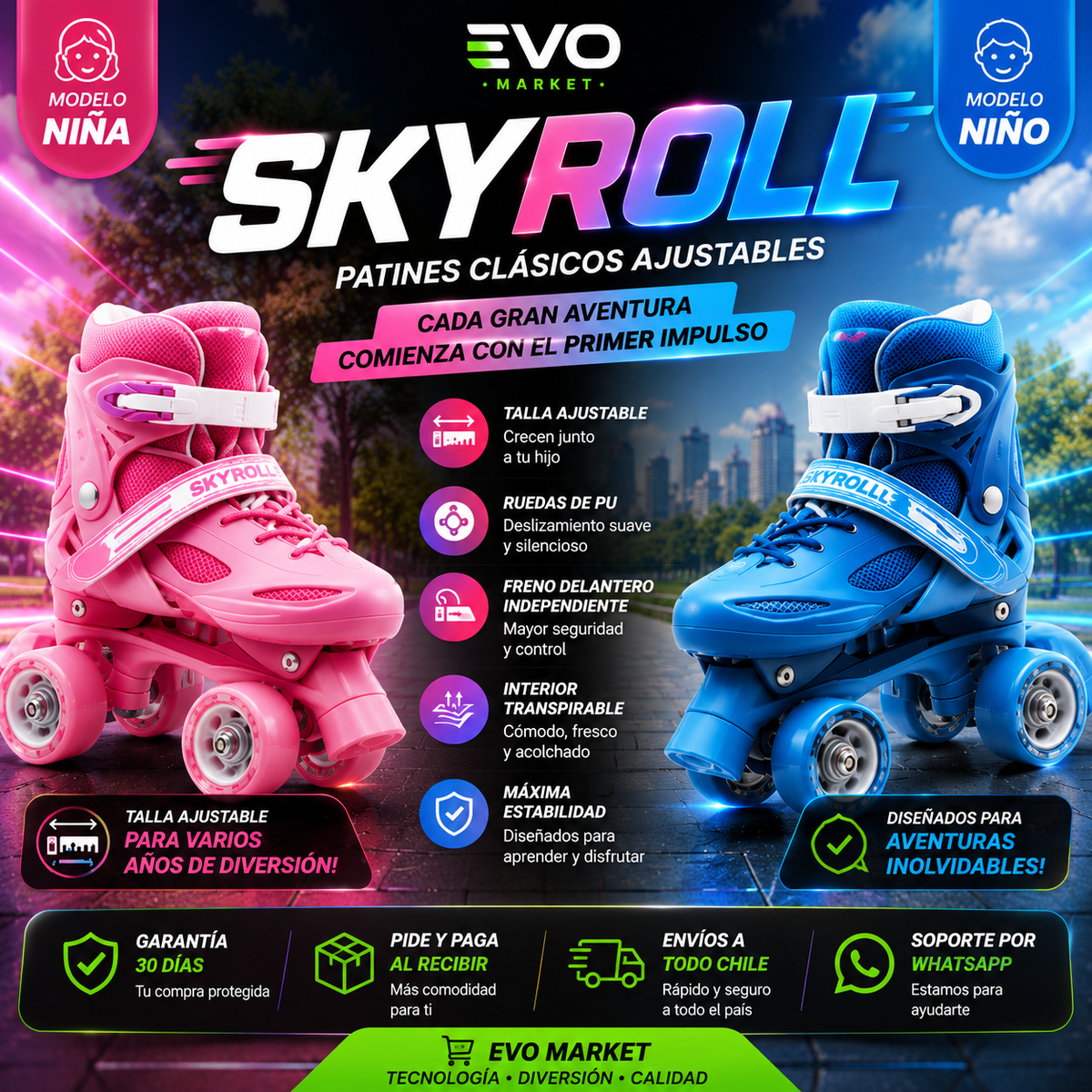 🛼 SkyRoll™ | Patines Doble Rueda Clásicos Ajustables